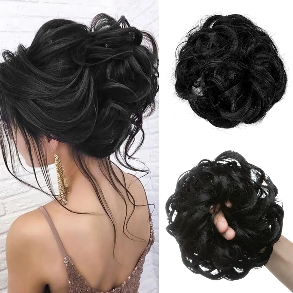 كبير فوضوي كعكة شعر مستعار متموج مجعد Scrunchies الاصطناعية Chignon ذيل حصان وصلات شعر سميكة أوبدو قطع الشعر للنساء #1
