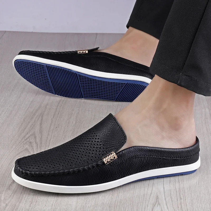 Fashion Men Mules Genuine Leather Summer Slippers Slip On Lazy Shoes Breathable Mens Loafers Indoor Slides Adult Leisure Shoes