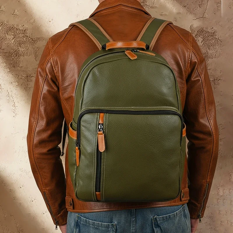 Top Grain Cowhide Bag Men Women Retro Casual Genuine Leather Lychee Pattern Backpack Daily Commute College Schoolbag Outdoor Use