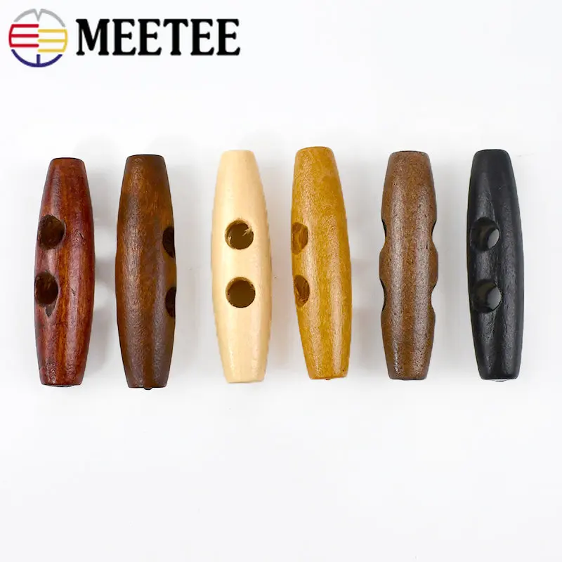 50pcs Meetee Wooden Buttons 30-60mm 2 Holes Natural Wood Horn Toggle for Wool Sweater Coat Bags Garment Accessories C1-27