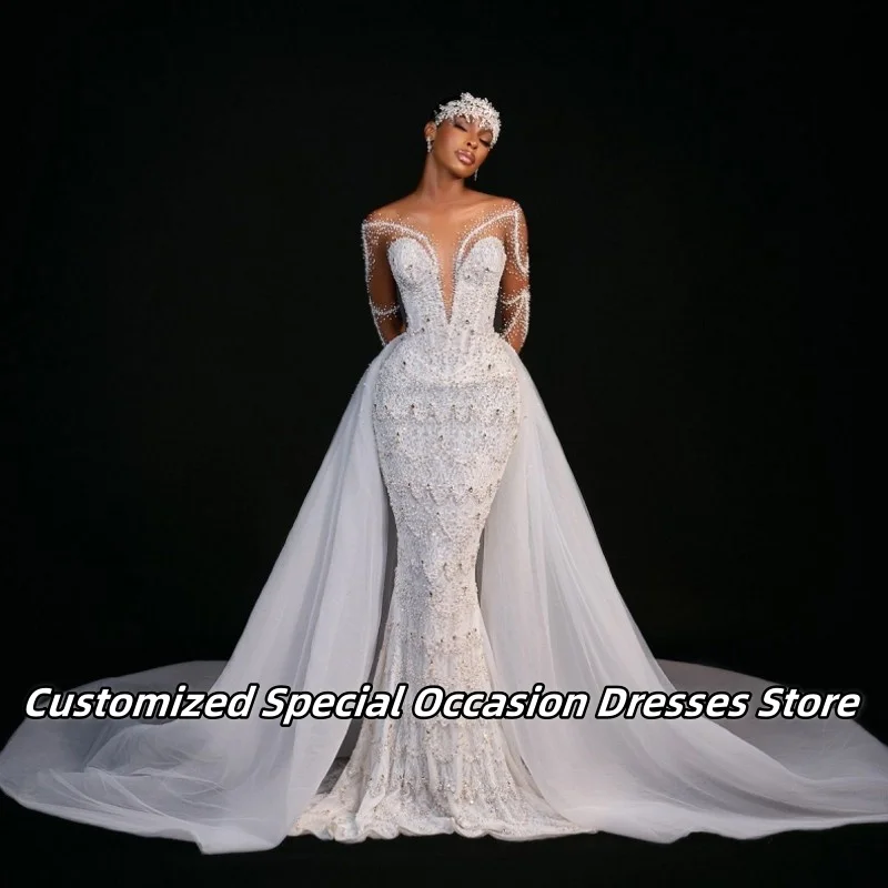 

African Elegant Deep V-Neck Mermaid Prom Dress With Detachable Tail Nigerian Long Evening Dresses Wedding Party Gowns Customized