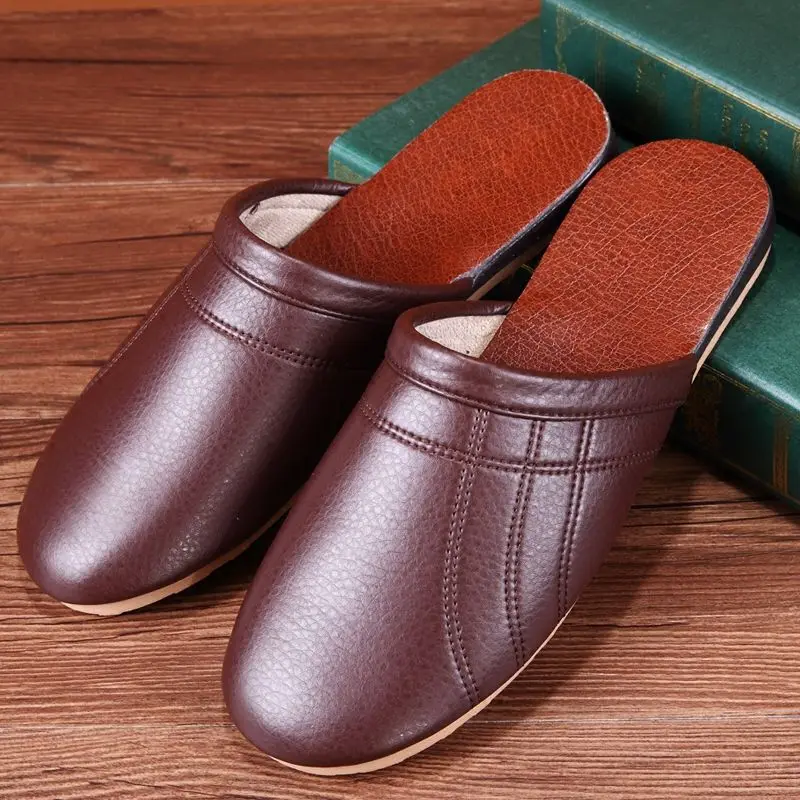 

Unisex concise runway slipper home mens bedroom leather slippers Women's Autumn Winter Floor Shoes Non slip dad slides plus size