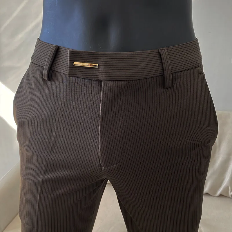 Men Stripe Dress Pants 2026 Stretch Straight Slim Fit Suit Pants Solid Color Business Casual Fashion Formal Trouser Men Clothing