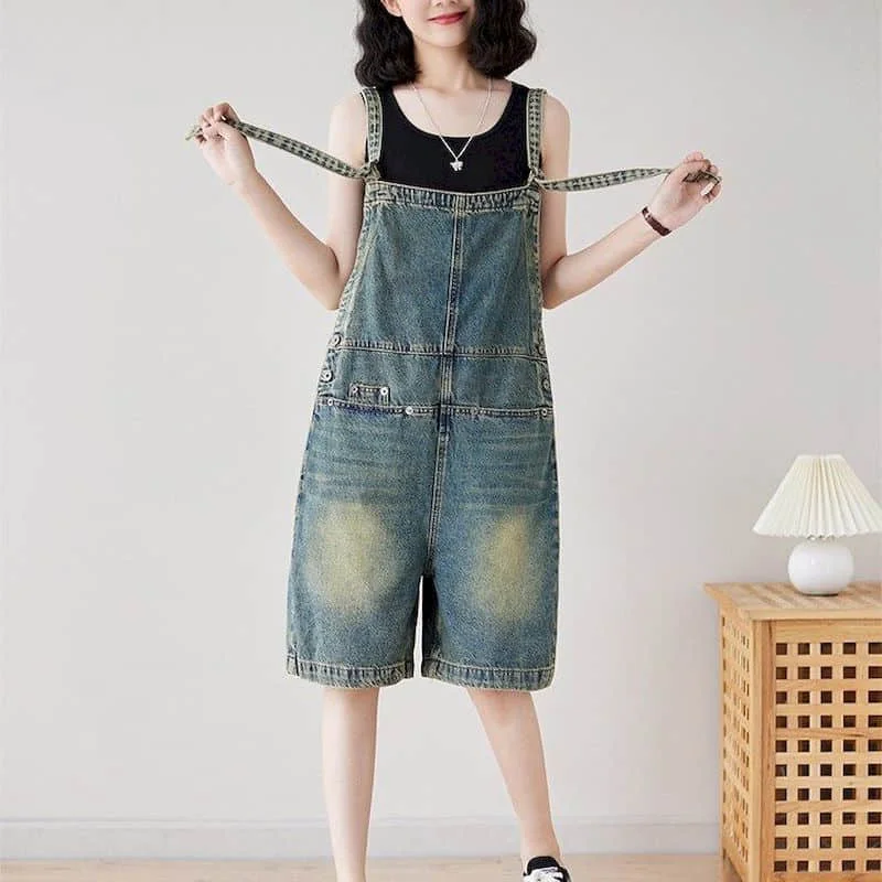 

Jumpsuits for Women Denim Vintage Casual Korean Fashion Solid Playsuits Loose Wide Leg Overalls One Piece Outfit Women Clothing