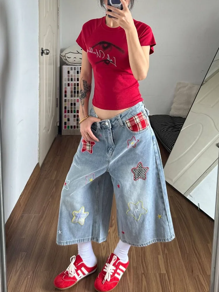 Summer Women's Star Patch Cute Denim Shorts High Waist Straight Pants Cute Girls Calf-length Trousers Female Wide Leg Streetwear