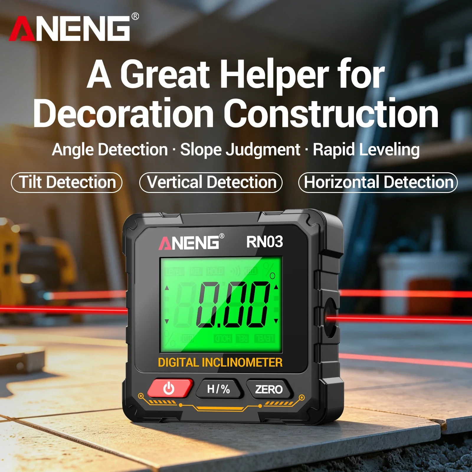 ANENG RN03 digital inclinometer with horizontal laser four sided magnetic suction, automatic flip screen angle measurement tool