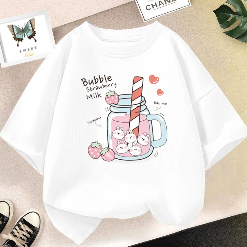 Strawberry Juice Graphic Print T-shirt Girls Aesthetic Pink Tops Tee 2023 Summer New Fashion Kids T Shirt