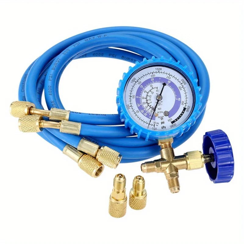 

Шланг для заправки хладагента R410A с манометрическим комплектом и прямым поворотным соединением 1/4"SAE на 1/2" и адаптером 5/16" для R134A, R404A, R22, R502