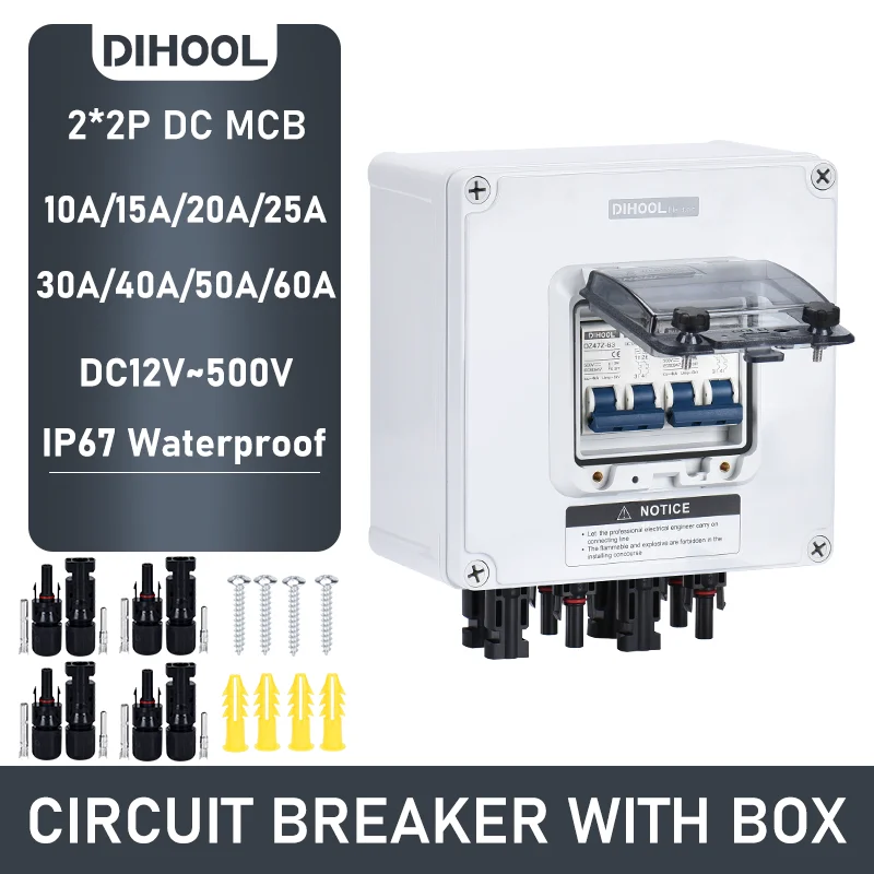 DIHOOL 2S IP67 Waterproof Distribution Box 2P MCB Circuit Breaker DC12V-500V 10A-60A Outdoor Solar Junction Box with Terminal