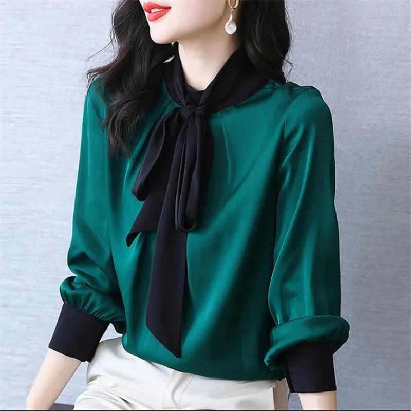 Wiosna letnie bluzki kobiety koszula zielony sweter wstążka szalik jedwabna koszula dla kobiet zmniejszenie kontrast wstążka jedwab jedwabna koszula