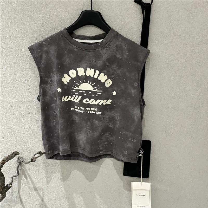 

2025 Summer New Boys' and Girls' Korean Style Tie Dye Letter Printed Tank Top Sleeveless Casual T-shirt Trendy