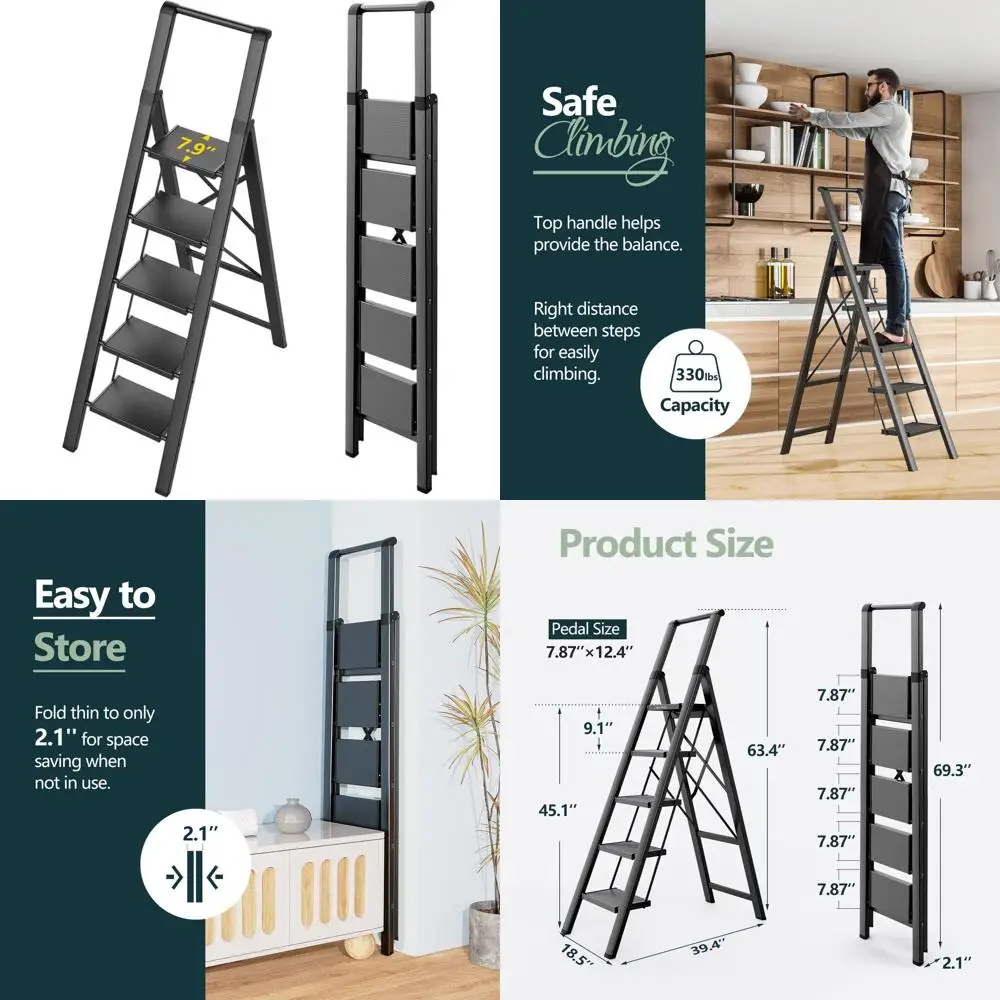 10 Fuß große leichte faltbare Leiter mit rutschfesten Stufen, Sicherheitsgeländer, ideal für den Heim- und Außenbereich, 300 Pfund Tragkraft – Schwarz