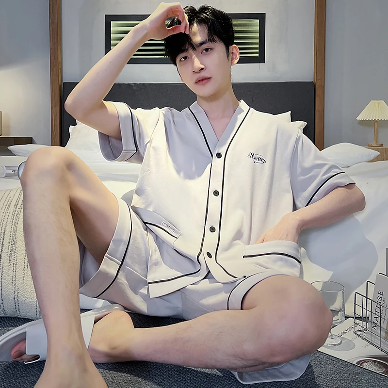 2 Pieces Set Men\'s Summer Cotton Kimono Pajamas Set Short Sleeping Tops Pants Sleepwear Male Casual Cardigan Nightwear Pijama