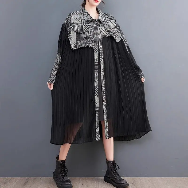 2025, Frühling und Herbst, koreanischer Stil, Denim-Spleißen, schlankmachendes Hemdkleid – Luxus-Büro, lässig, vielseitige Damenbekleidung G604