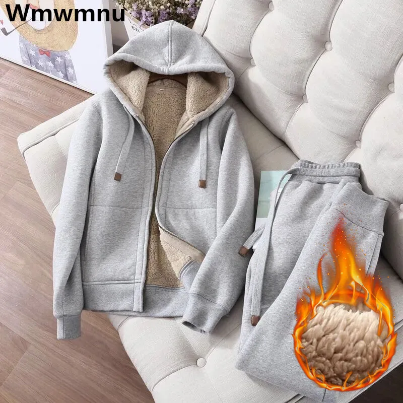 Winter Thick Lambwool Tracksuit Womens Plush Warm Casual Sweatshirt Tops Two Piece Sets Fleece High Waist Jogger Pants Conjuntos