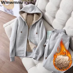 Winter dicke Lamm wolle Trainings anzug Damen Plüsch warm lässig Sweatshirt Tops zweiteilige Sets Fleece hohe Taille Jogger hose Conjuntos