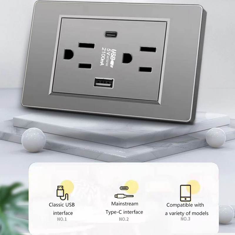 

1 шт. стандартная настенная розетка США с портом для зарядки USB Type-C 5 В 2,1 А, 118*72 мм панель ПК