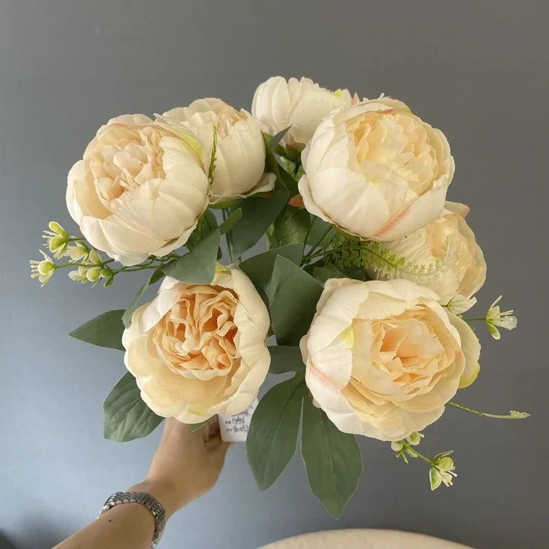 3/4 Stück Hochzeits-Pfingstrosen in Rosa, herzförmig verpackt, künstliche Blumen, 7 Blütenköpfe, Pfingstrosenstrauß, Seidenblumen, Heimdekoration – Detail 18