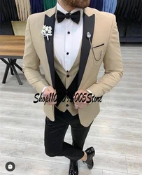 Mode beige Anzüge für Männer Blazer Sets 3 Stück Jacke Hosen Weste Peaked Revers Slim Fit Groom smen Prom Party Terno Kostüm Homme