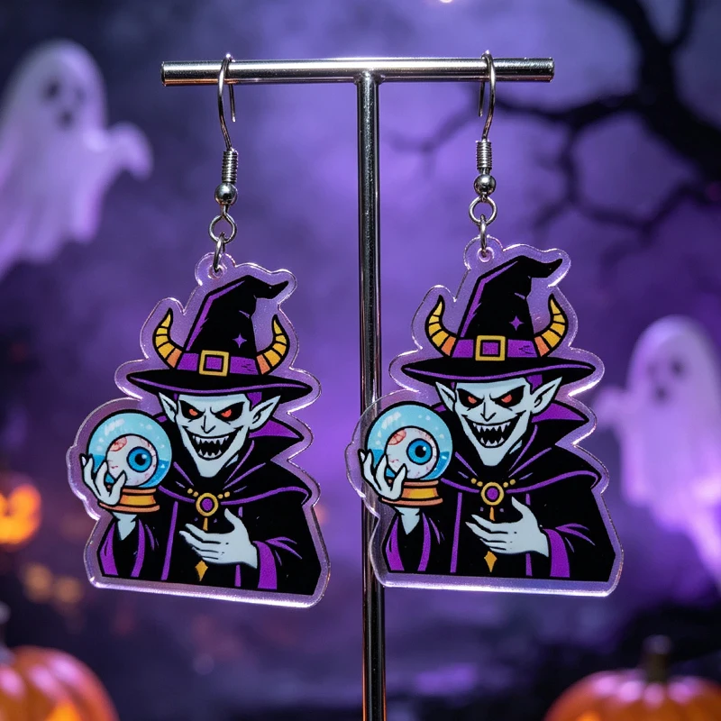 Halloween Demon Wizard Crystal Ball Earrings Gothic Horror Elf Witch Dangle Earrings Spooky Ghost Pumpkin Halloween Jewelry Gift