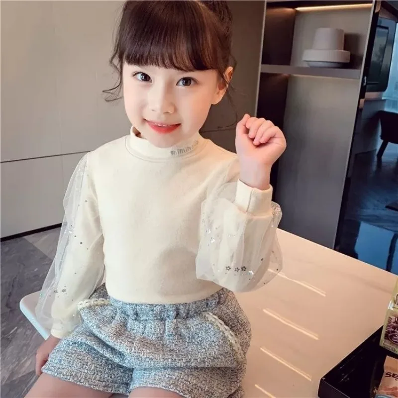 1-6T Girls Puff Sleeve Bottoming Shirt Girl Baby New Net Yarn Long-sleeved White T-shirt Autumn Clothes Outer Top