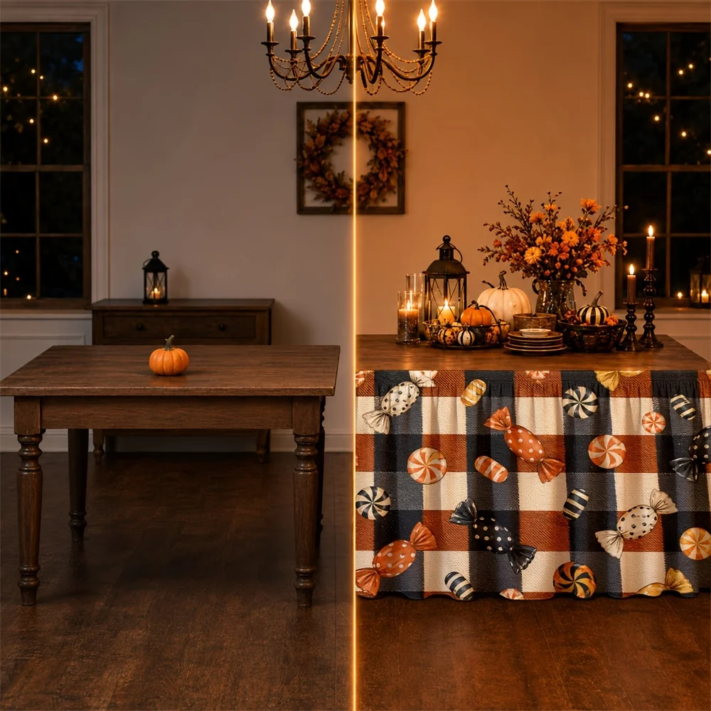 Table skirt - Halloween style - Checkered background - Candy pattern - Autumn - Party skirtxzj