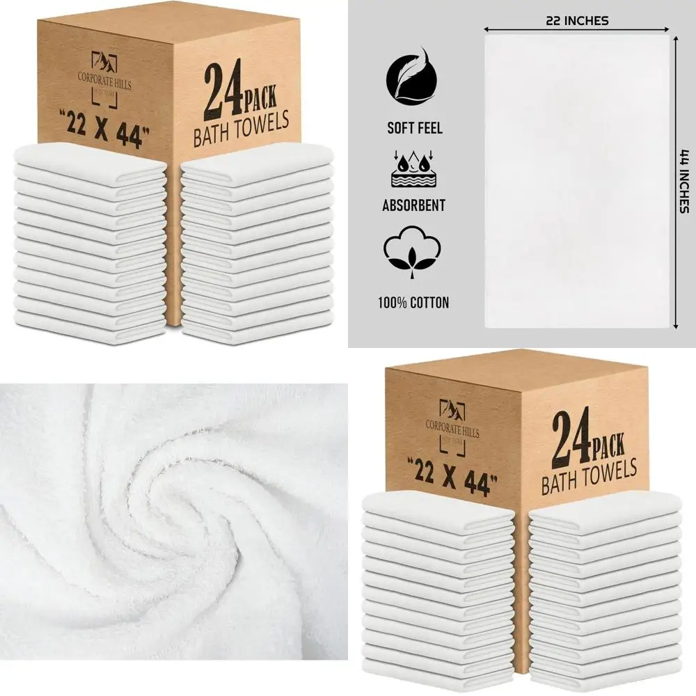 

Набор из 24 белых банных полотенец из 100% хлопка (22x44) — легкие и впитывающие для гостиничного и коммерческого использования.