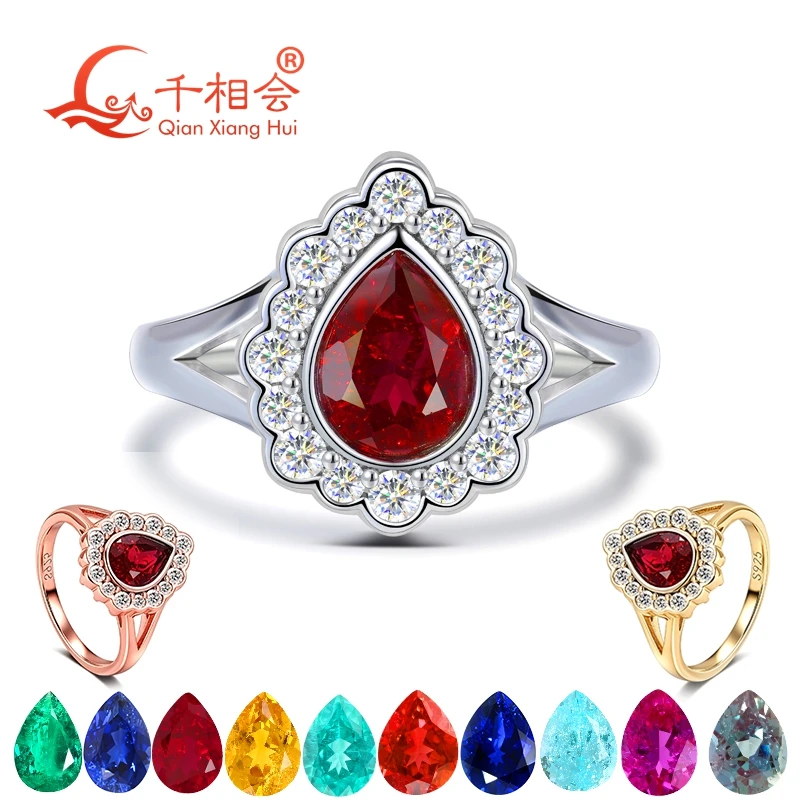 925 Sterling Silver Pear Cut 6x8mm Lab Created Gemstone Halo Moissanite Ring Pigeon Blood Ruby/Royal Blue Sapphire Engagement