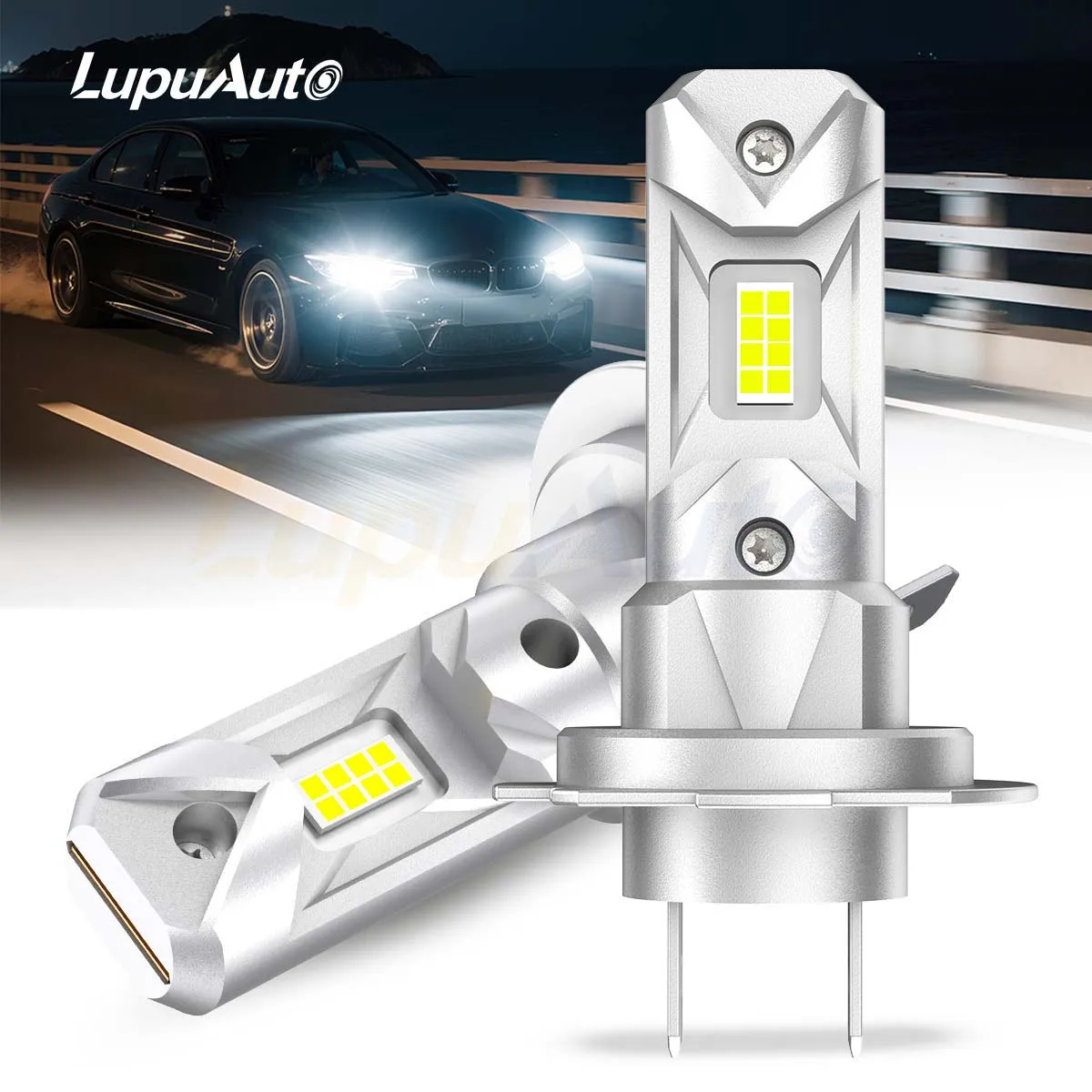 

Lupuauto 2Pcs LED Lights H7 Hi/Lo Beam 6500K Headlight Bulb Mini Size Design Wireless For Car Lamp CSP 7035 Chip White