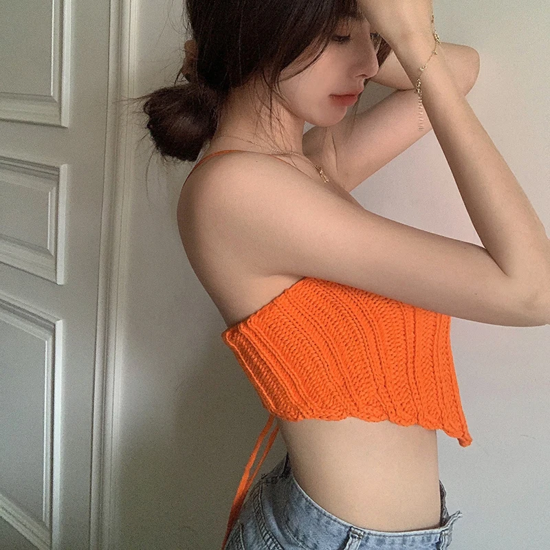 Women s Knit Bandeau Crop Tops Strapless Sleeveless Solid Color Hanky Hem Tube Tops