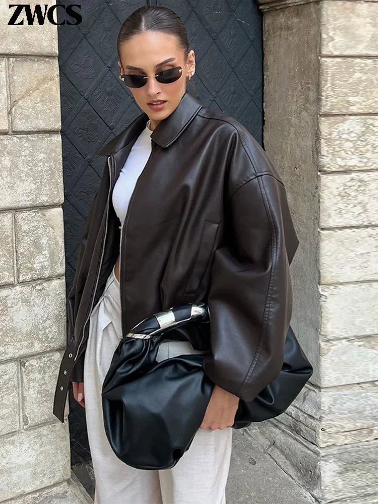 

Vintage PU Leather Bomber Jackets 2025 Autumn New Ladies Zipper Lapel Long Sleeve Pocket Coat With Belt Women's Loose Streetwear