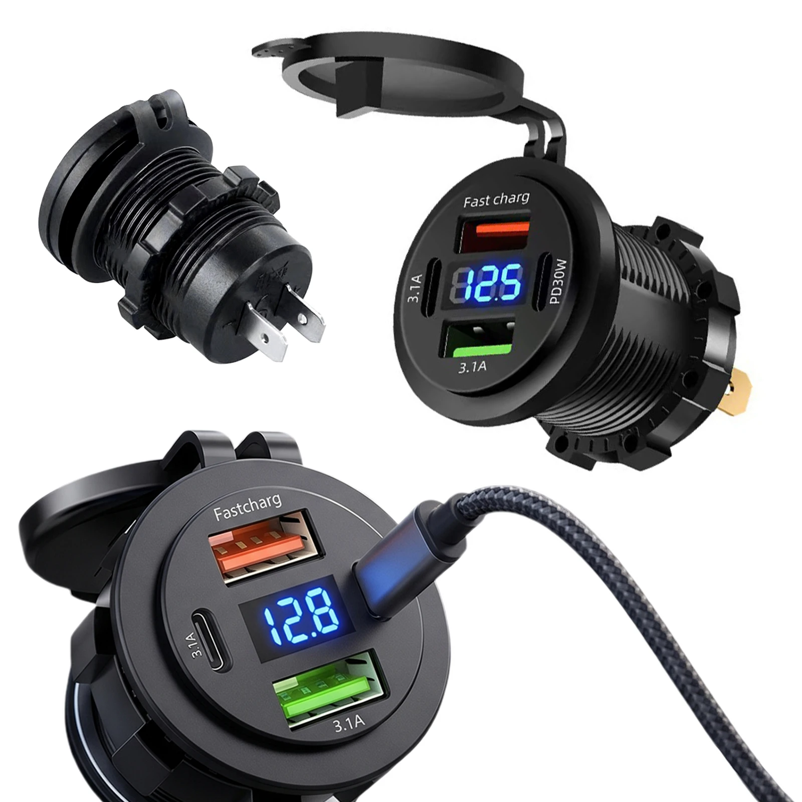 3-Port Marine Fast Charger with Switch & Voltmeter Waterproof Cigarette Outlet Replacement for Marine Boat Motorcycle RV