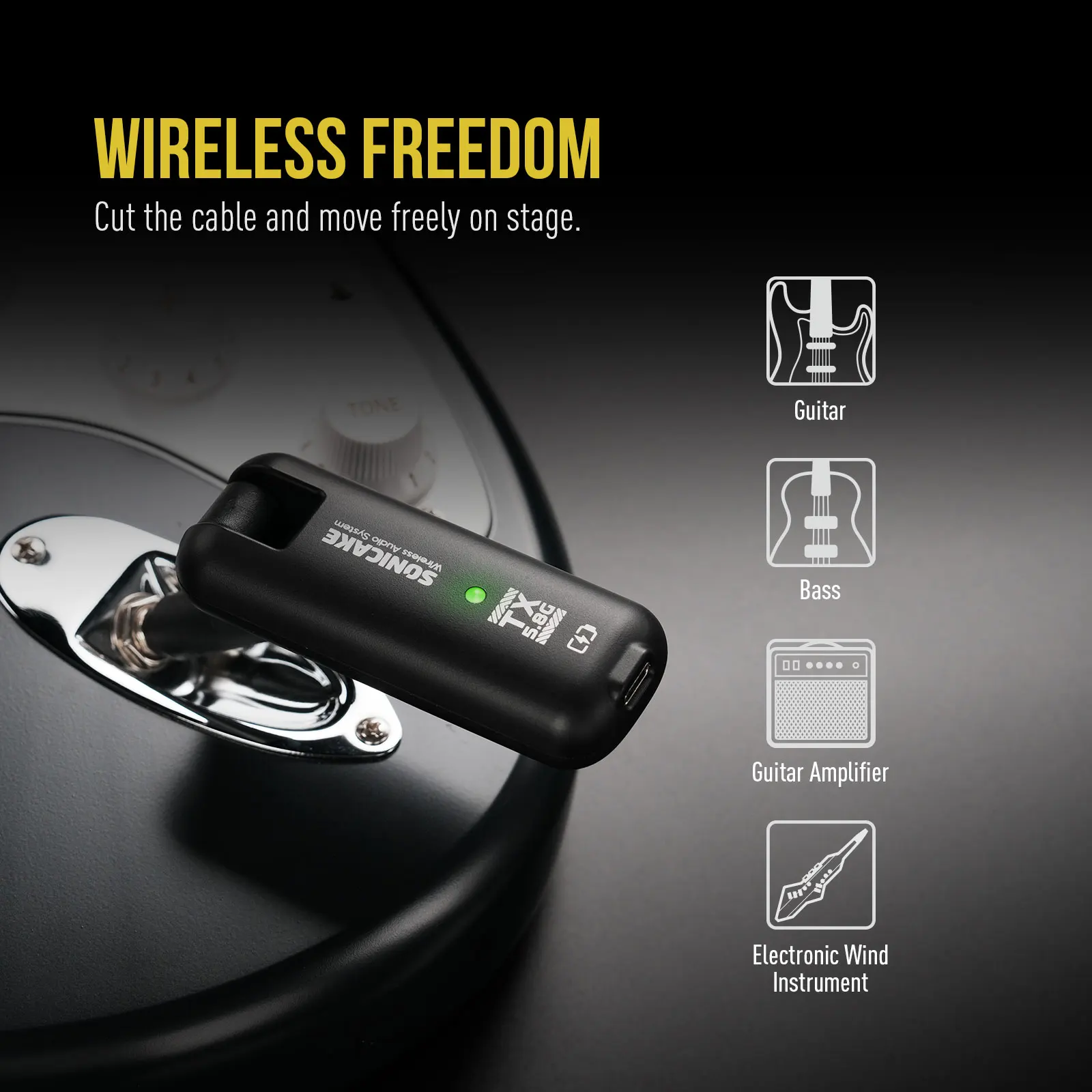 SONICAKE 5.8GHz Wireless Guitar System Rechargeable Audio Transmitter Receiver 50m Distance Guitar Accessories QWS-20