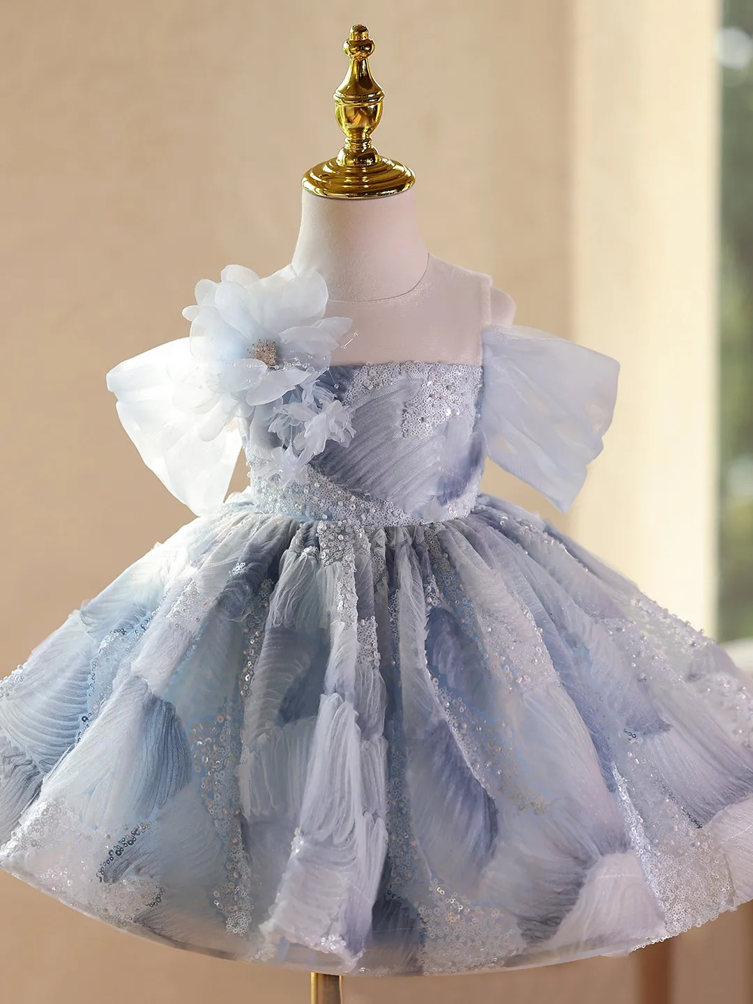 Gradient Blue Textured Tulle Sequin Flower Girl Dress Wedding Gown for First Christmas Kids Birthday Party Princess Outfit