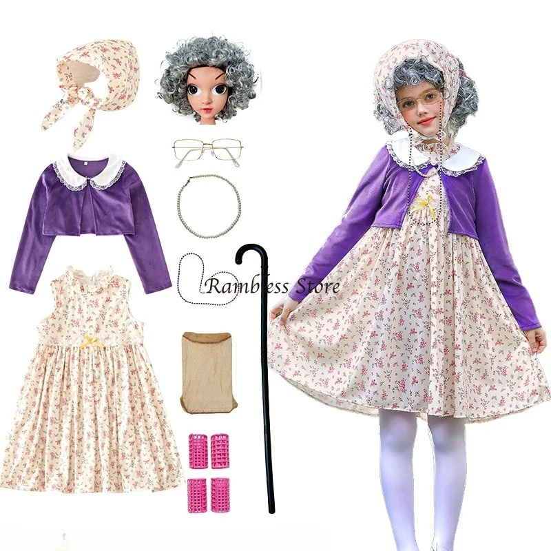

❤️❤️❤️ Celebrating 100th School Days Funny Cosplay Costumes Granny Grandma Purple Floral Old Lady Cos Dress with Cane Wig❤️⭐️❤️
