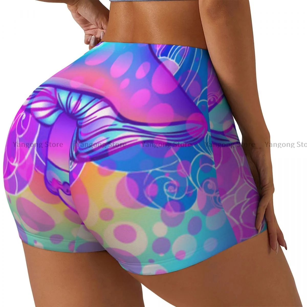 Spandex Yoga Shorts for Women Magic Mushrooms Colorful Art Workout Booty Shorts