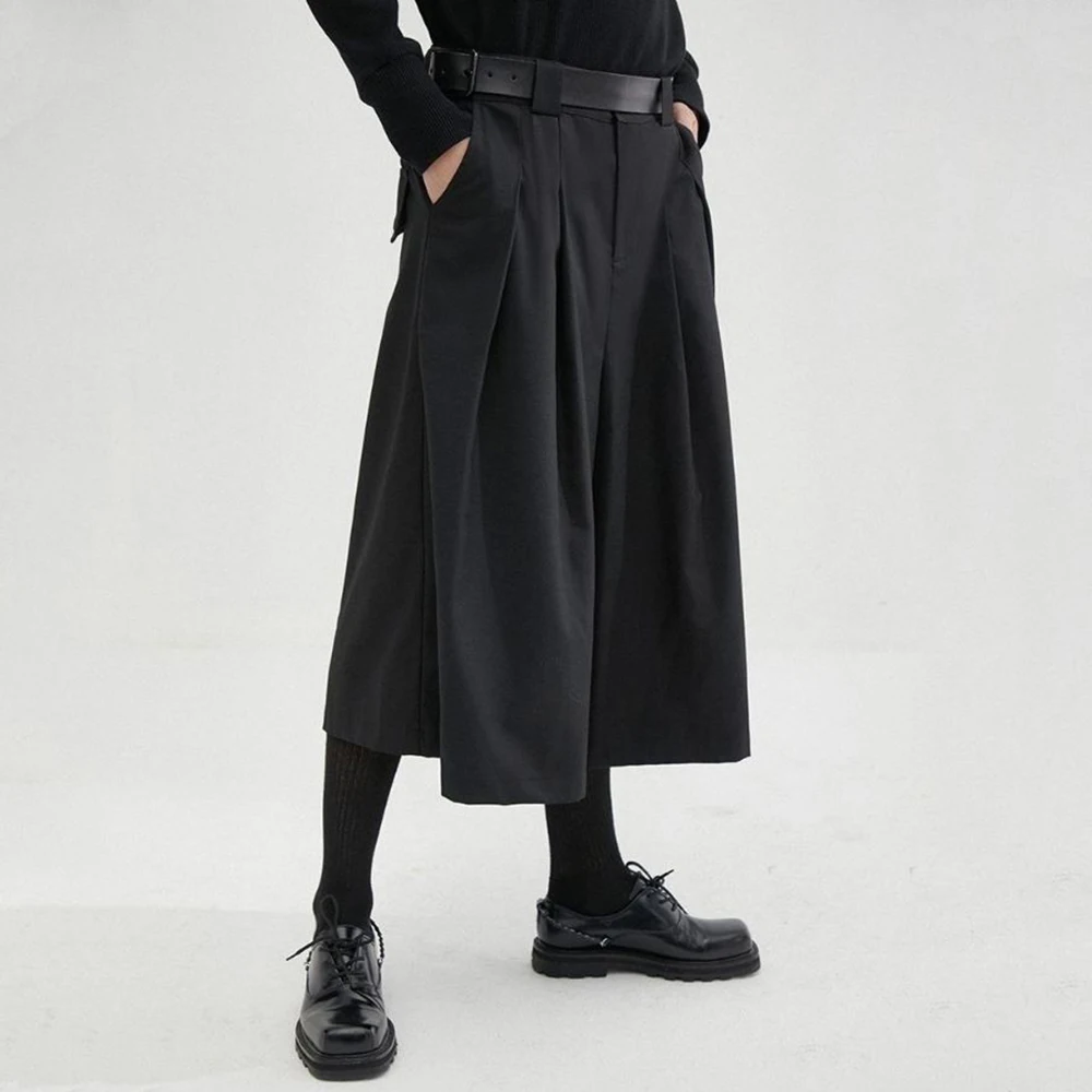 Mens Dark Style Casual Solid Color Culottes Genderless Fashion Youth Trend Street Loose Cropped Wide Leg Trousers Unisex