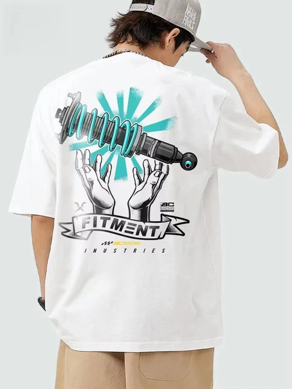 2026 New Modified Car Short Sleeve Accessories Twisted Teeth Shock Absorber Shirt Cotton Loose Personality Trend Men T Shirt Ins