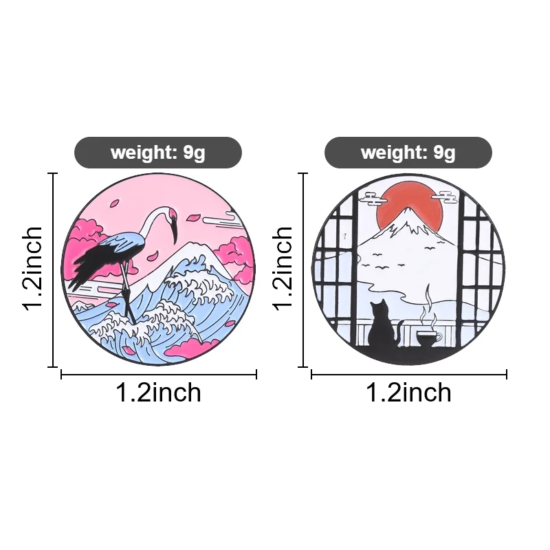 Japanese Ukiyo-e Style Black Cat Viewing Fuji Enamel Pin Crane Dancing on Wave Metal Brooch Fashion Jewelry Gift Bag Lapel Badge