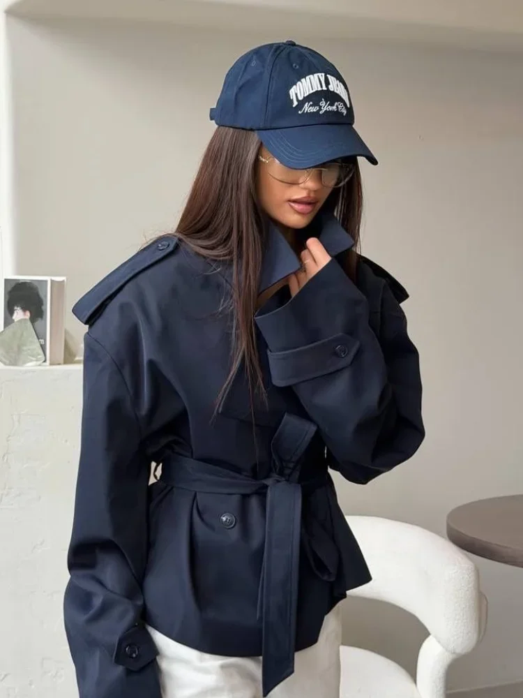 Solid Lapel Lace Up Trench Coat Women Fashion Full Sleeve Waist Cinching Street Windbreak 2026 Spring Lady Office Street Clothes