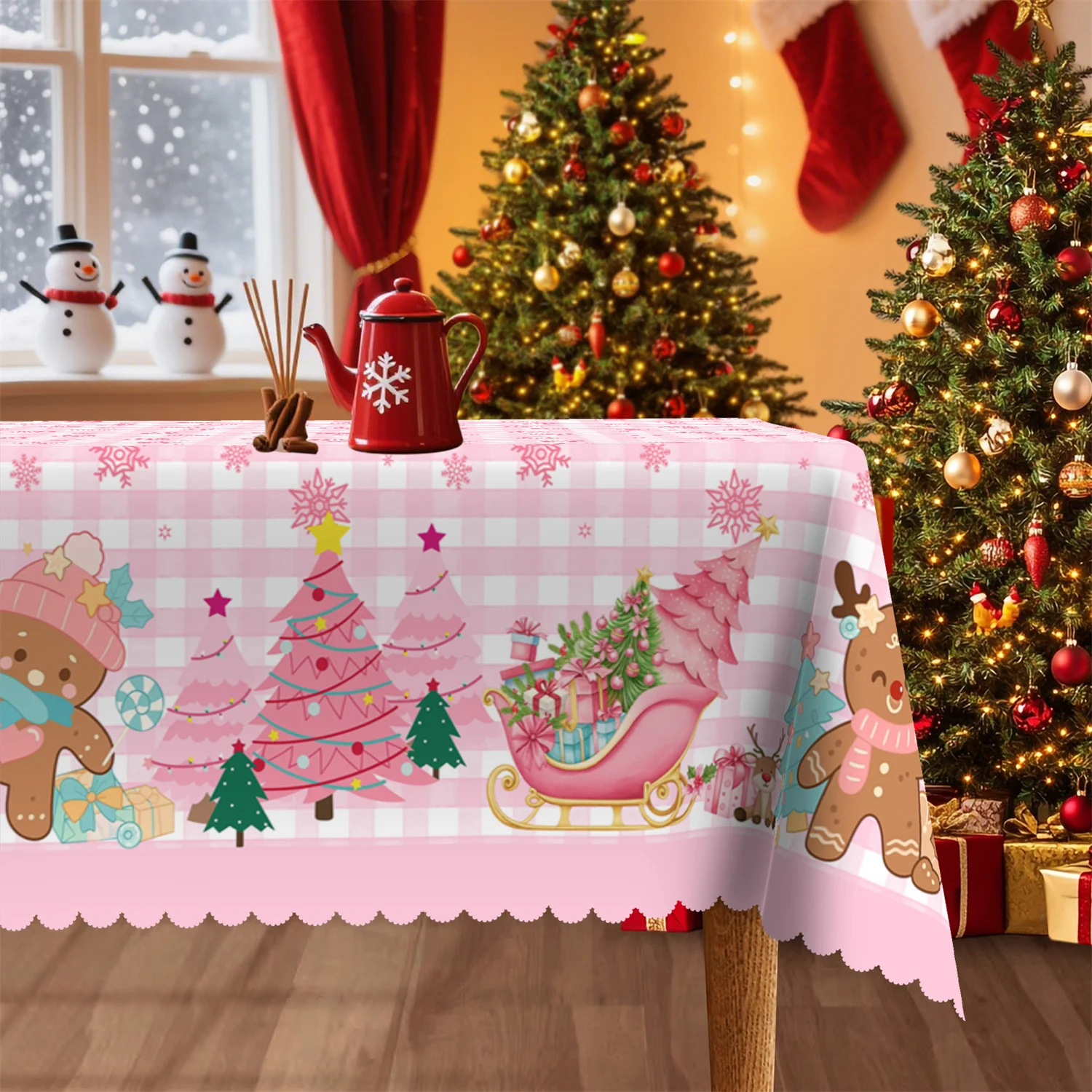 Christmas tree gingerbread man star snowflake gift pink and white plaid Christmas round rectangular tablecloth 1 pack