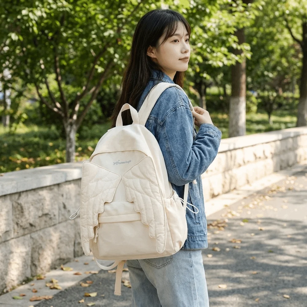 Simple Solid Color Wing Backpack Y2k Jk Nylon Backpack College Style Lolita Students School Bag Student