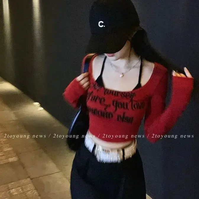 Suit Letter Print Square Collar Crop Tshirts Backless Sexy Sling Overlapping Outfits 2024 Women Clothing  Chic Y2k Two Piece Set