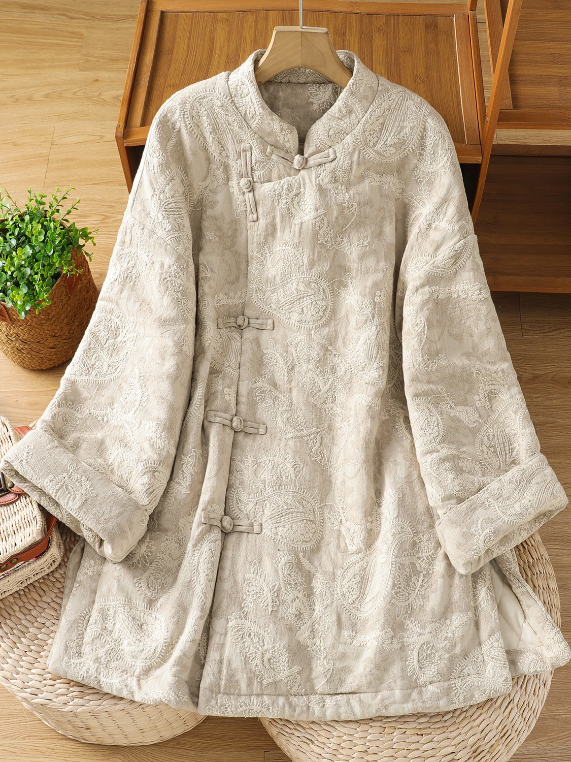 

New Chinese Sle Heavy Embroidery Cotton Jaet Women Winter Retro Zen Button Thi Warm Cotton Linen Tea Clothes Top