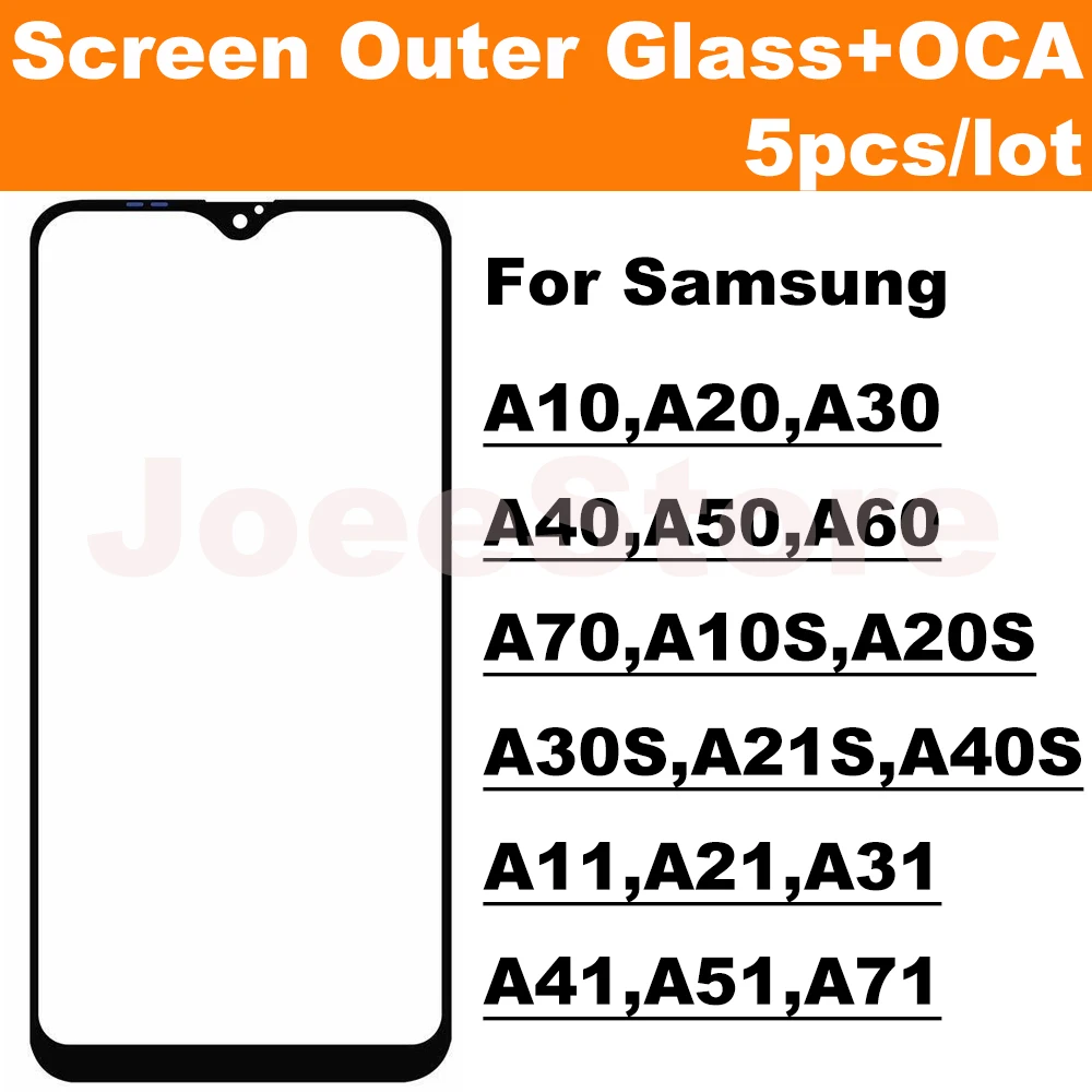 5pcs Screen Outer Glass Panel For Samsung A10 A20 A30 A40 A50 A70 A10S A20S A30S A21 A31 A51 A71 Front LCD Touch Panel  With OCA