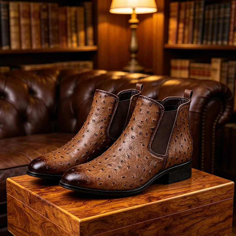 Men Chelsea Boots Imitation Ostrich Pattern Leather Pointed Toe Rubber Ankle Shoes Business Formal Wear Casual Shoes Men view 4