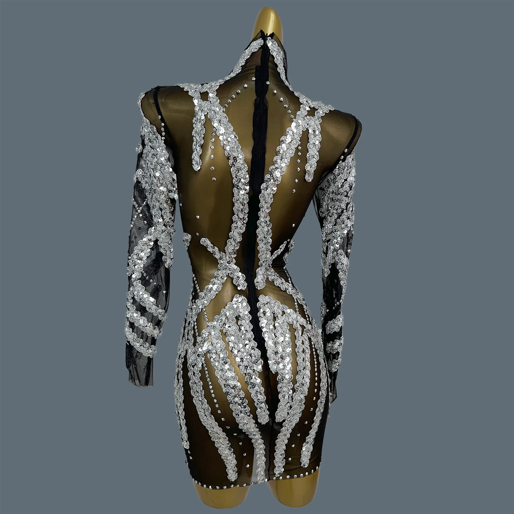 

Black Sexy See Through Mesh Sparkly Sequins Mini Dress gig Drag Queen Performer Wear Event Stage Suit Long Sleeves Dress Yinsen