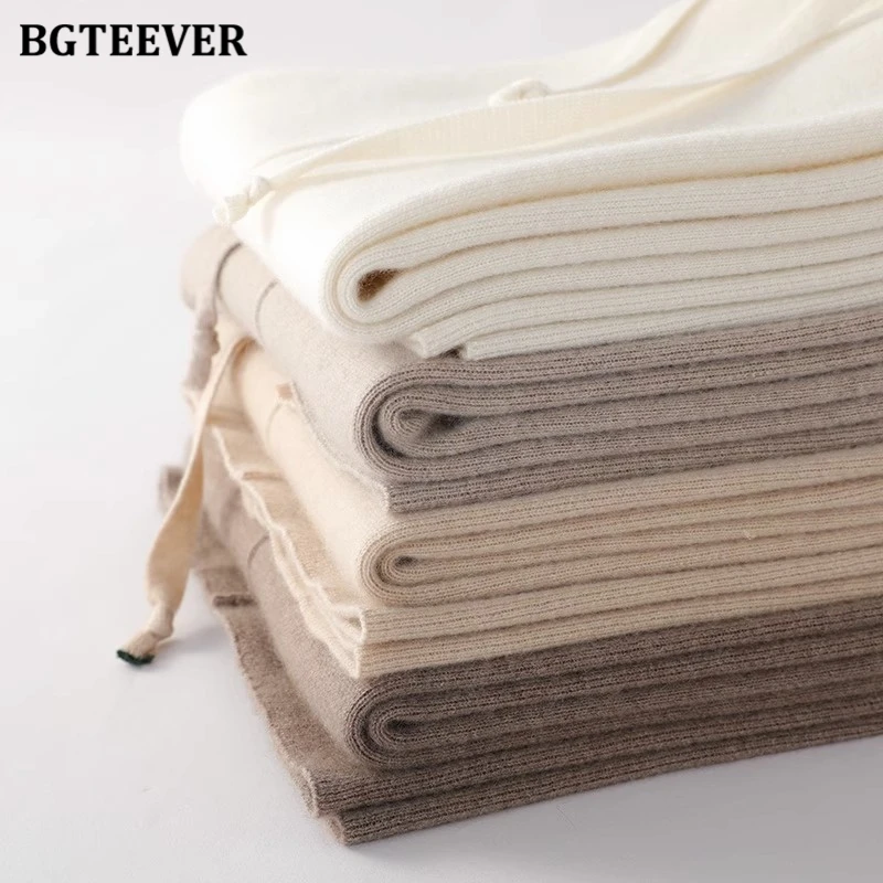 BGTEEVER Chic Casual Lace-up Women Knitted Straight Trousers Autumn Winter High Waist Loose Female Solid Wide Leg Sweaters Pants