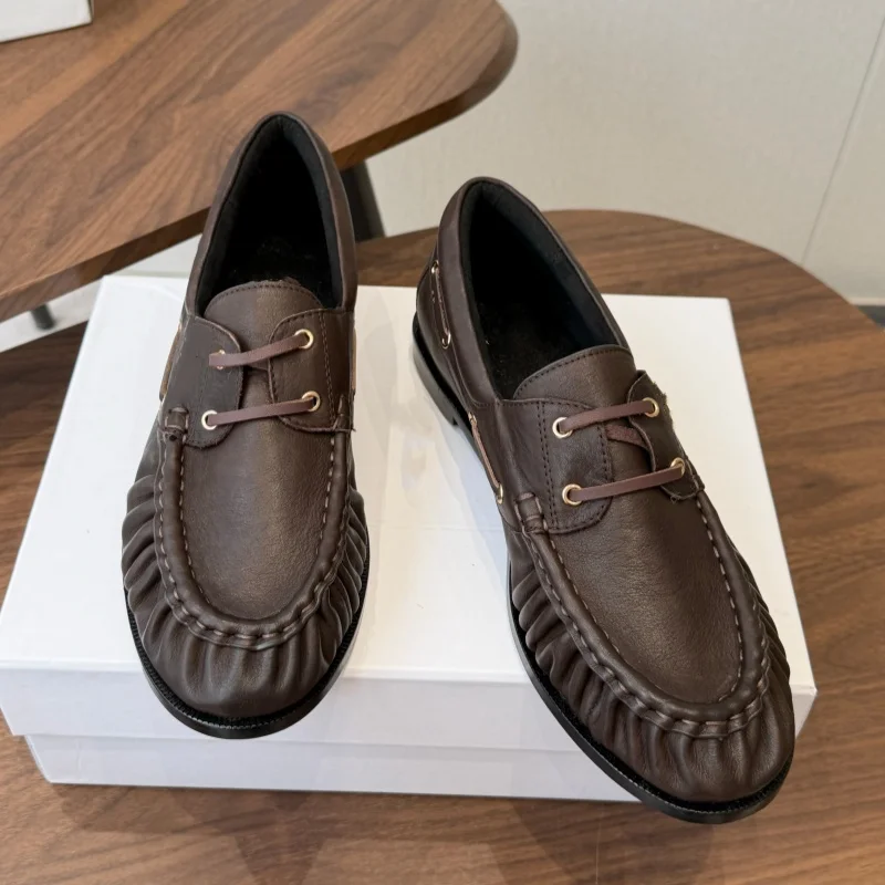 Luxury Unisex Genuine Leather Loafers Handcrafted Pleated Flats Comfortable Casual Shoes Fashion Office Work