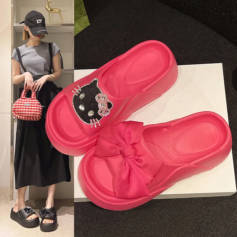 

2026 Sanrio Hello Kitty Cartoon Thick Sole Slippers Women Kawaii Kt Summer Soft Shoes Anime Cute Eva Non-Slip Girls Home Sandals